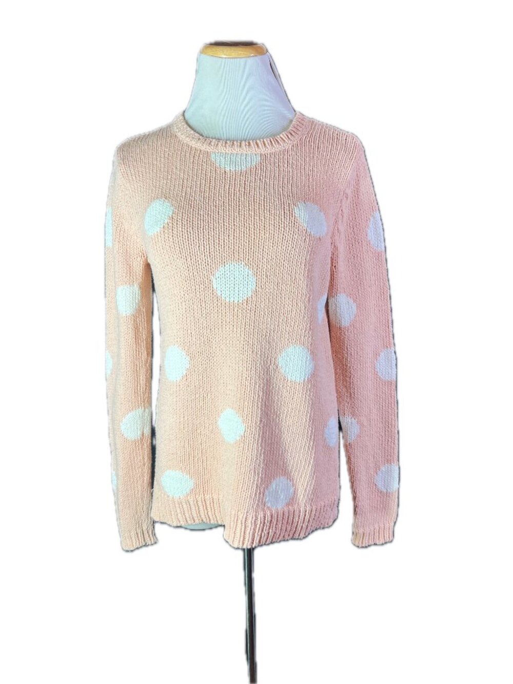 Garnet Hill Size S Blush Pink White Polka Dot Sweater Nubbly Knit Cotton